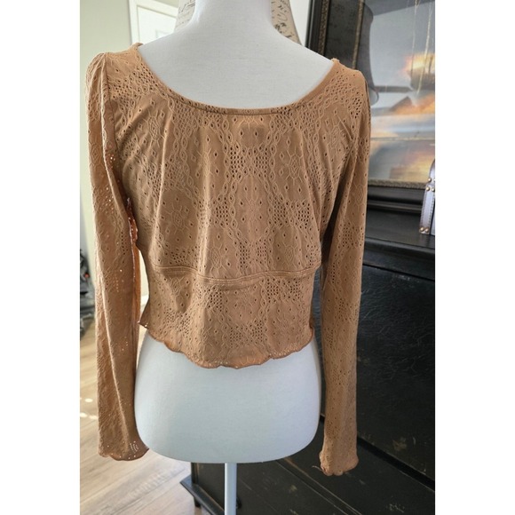 KIRIOUS LA Womens Size L Dainty Brown Long Sleeve Cropped Top Babydoll Coquette - Picture 2 of 13